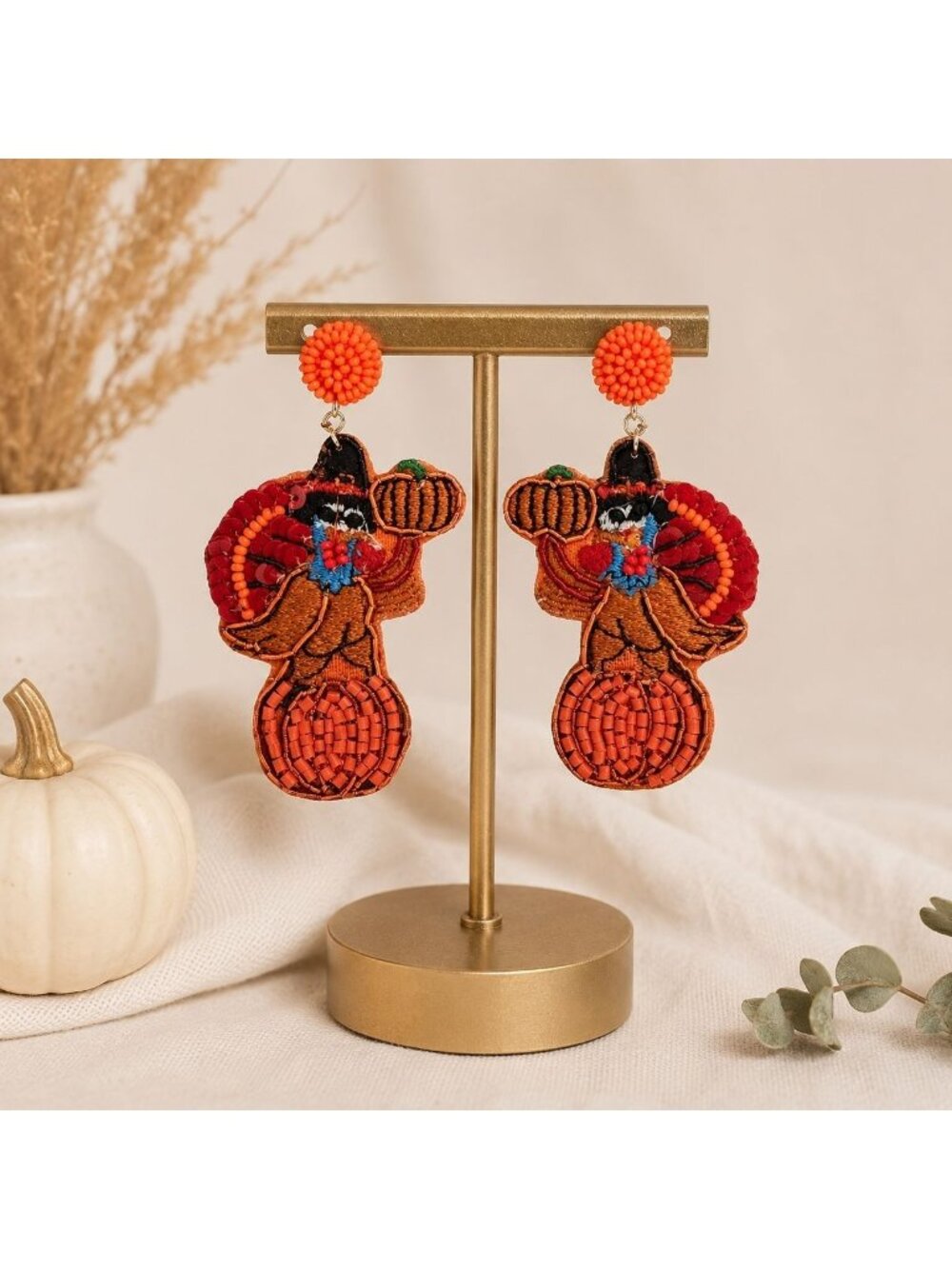 Artisan Turkey Pumpkin Beaded Earrings Thanksgiving Fall Harvest Season Dangle